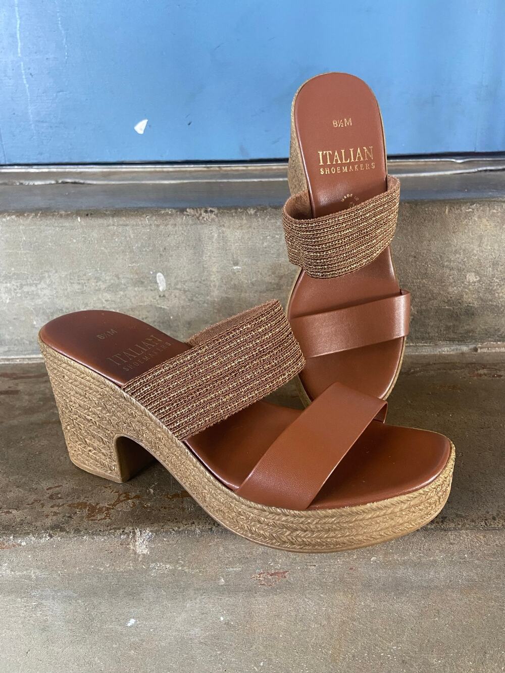 Italian Shoemakers tan/gold jute wrapped platform sandal